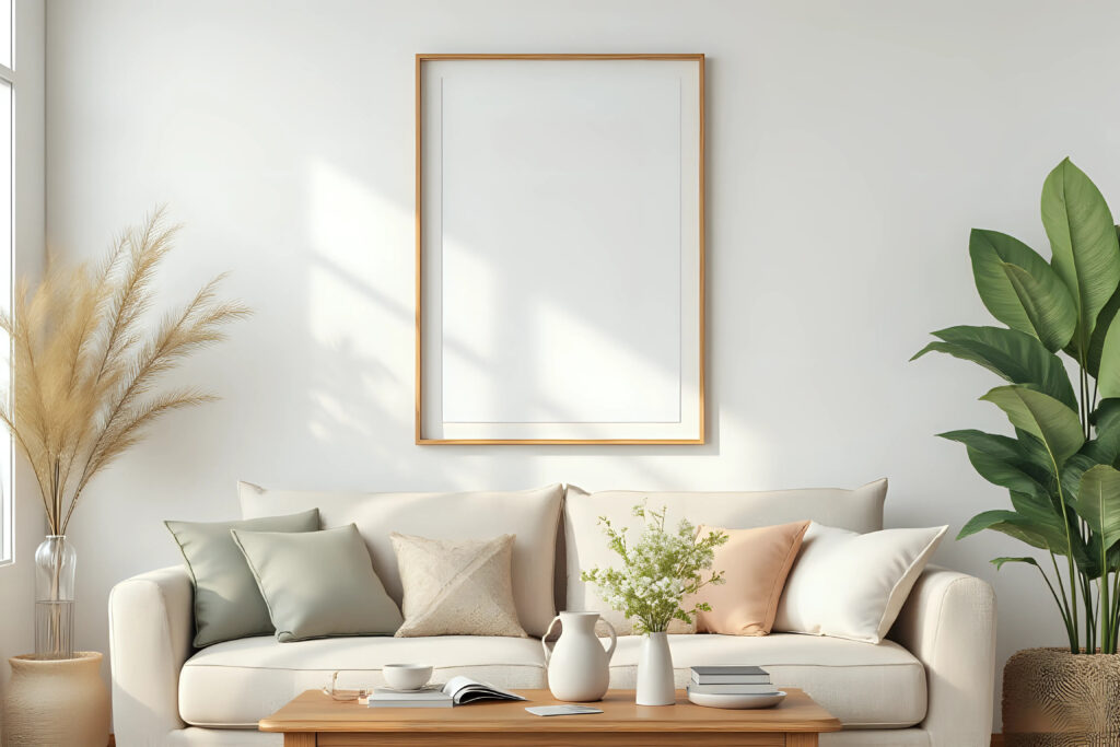 Cozy living room with a beige sofa decorated with pastel-colored cushions, an empty wooden-framed picture frame above, a tall vase with pampas grass on the left, and a large green potted plant on the right. A wooden coffee table in front holds white vases with green foliage, books, and cups, all softly lit by natural light from the left.