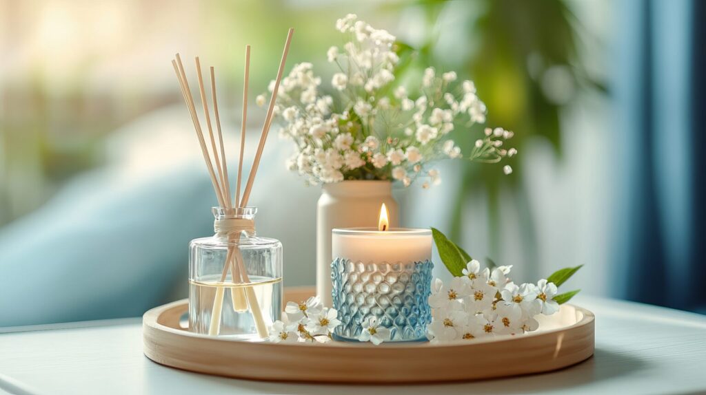 Wooden tray with a lit candle in a textured blue holder, a glass jar with reed diffusers, and small white flowers. In the background, a vase holds baby's breath flowers with blurred greenery, creating a serene and calming atmosphere.