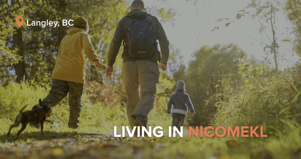Family of three with a dog walking along a sunlit forest trail in Langley, BC, wearing outdoor gear and backpacks, with the text “LIVING IN NICOMEKL” displayed in the corner.