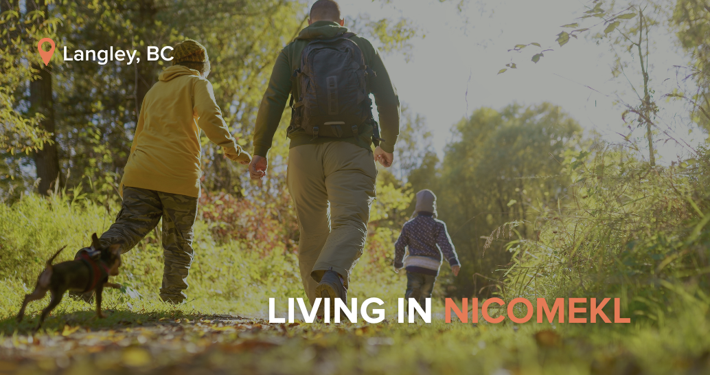 Family of three with a dog walking along a sunlit forest trail in Langley, BC, wearing outdoor gear and backpacks, with the text “LIVING IN NICOMEKL” displayed in the corner.