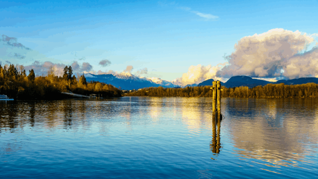 Scenic view of the Nicomekl River in Langley, BC, with calm waters reflecting the sky and trees, snow-capped mountains in the background.