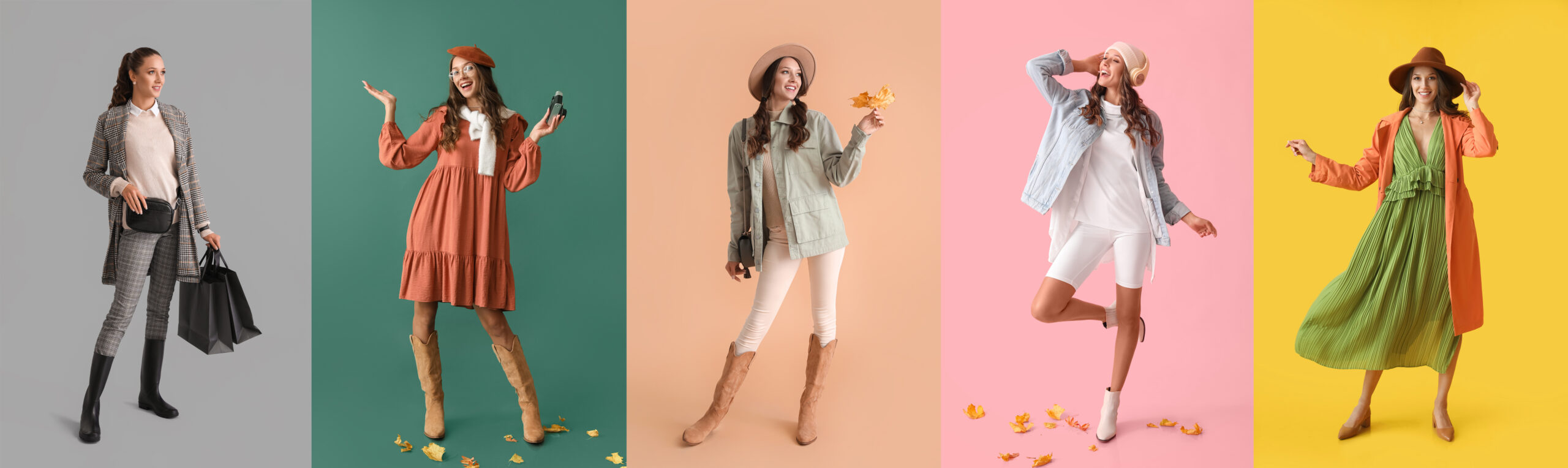 A collage of five different fall outfits displayed on models with their faces obscured. From left to right: a model in a grey plaid suit with black boots and a large black handbag, a model in an orange dress with knee-high tan boots and a red beret holding autumn leaves, a model in white pants and shirt with an oversized light green jacket and tan boots holding autumn leaves, a model in white shorts and top with an oversized blue shirt and white ankle boots surrounded by scattered autumn leaves, and a model in a flowing green dress with an orange coat, brown hat, and tan shoes.