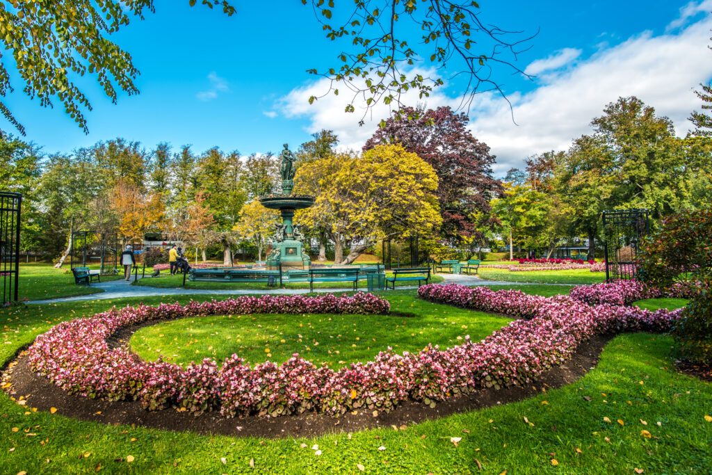 Autumn scene in Halifax Public Gardens featuring a vibrant flower bed with pink blooms arranged in curved patterns, lush green lawns, and a central ornate fountain surrounded by benches and pathways. Colorful trees in shades of yellow, orange, and deep red frame the garden under a bright blue sky with scattered clouds.